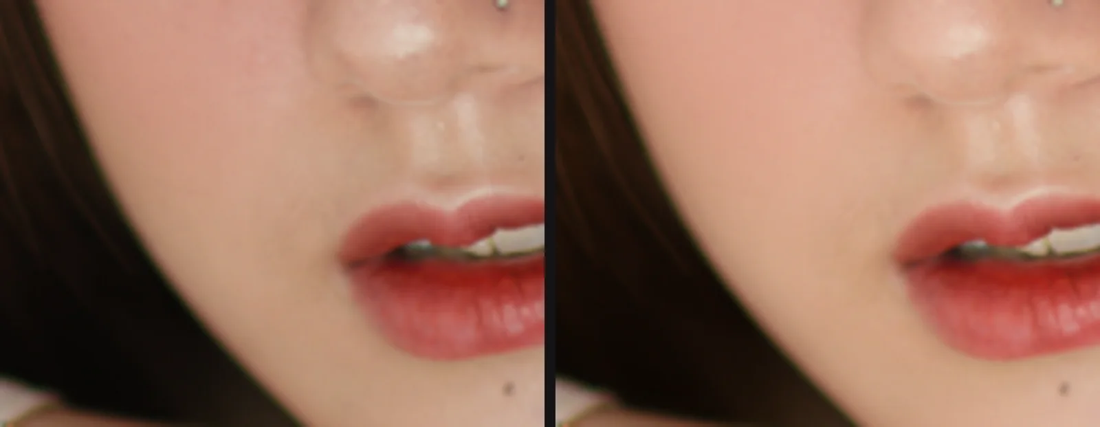 Cheek close-up at 100 %: original on the left, retouched on the right, pores and texture still visible