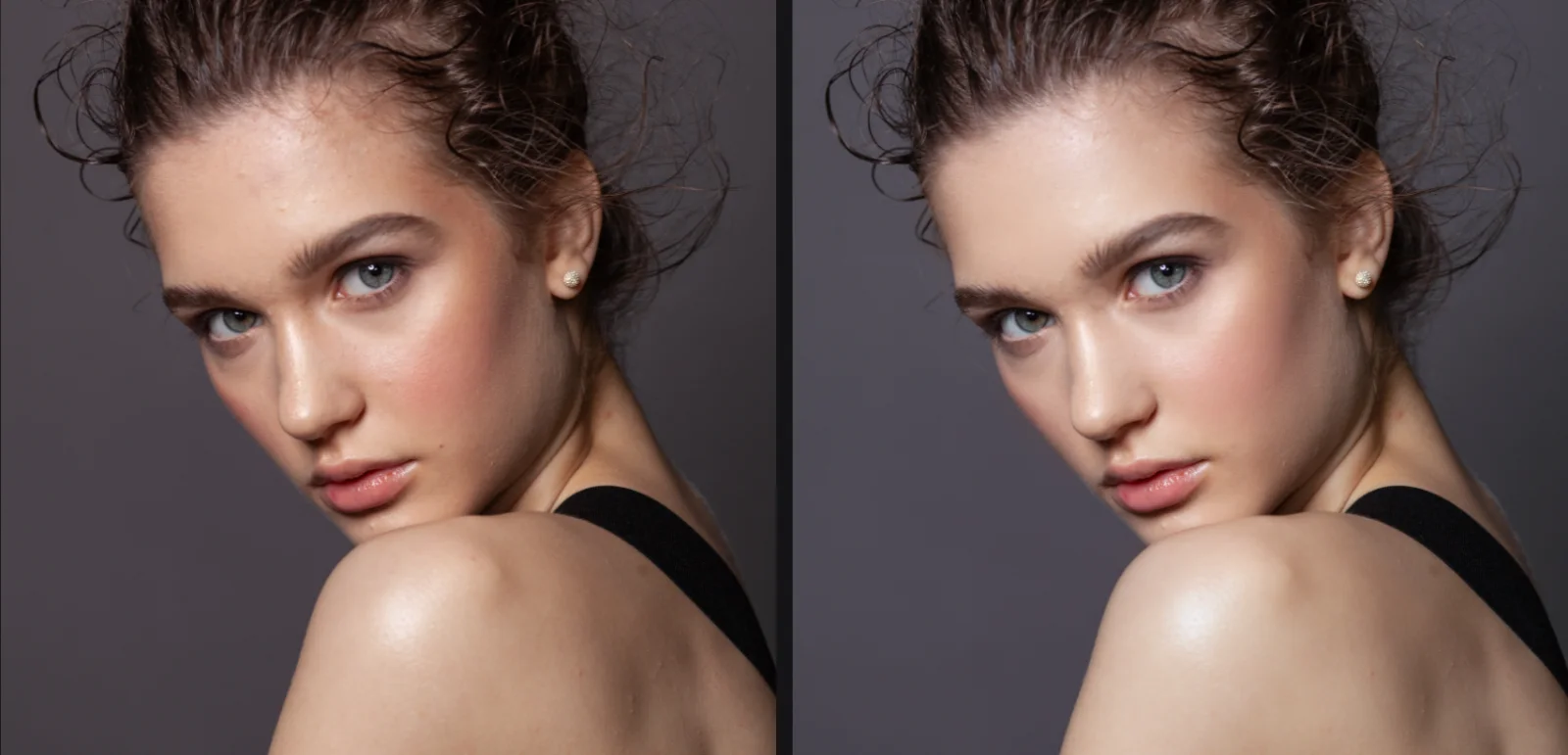 Studio portrait before and after retouching at the same natural settings