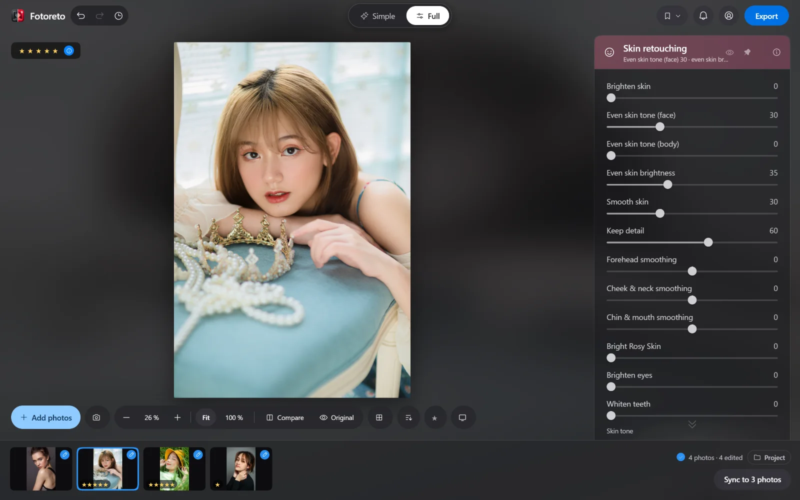 Fotoreto's tool column with the Skin retouching group open: Smooth skin, Even skin brightness and Even skin tone at light settings