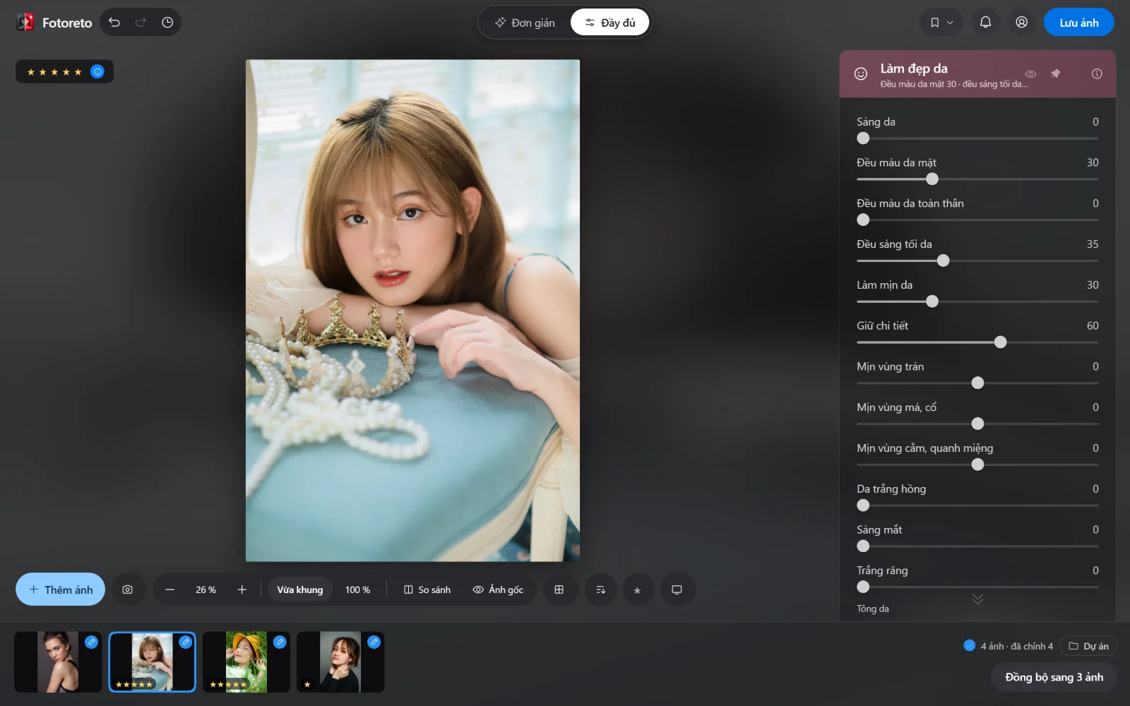Cột công cụ của Fotoreto với nhóm Làm đẹp da đang mở: Làm mịn da, Đều sáng tối da, Đều màu da mặt ở mức nhẹ
