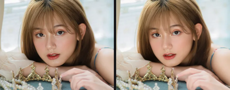 Close-up of a woman's face: original on the left, on the right after automatic blemish removal, light skin smoothing and even skin tone