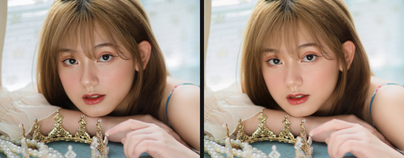 Close-up of a woman's face: original on the left, on the right after automatic blemish removal, light skin smoothing and even skin tone