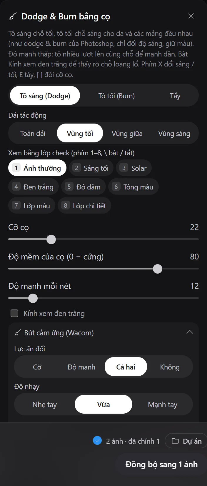 Thẻ cọ với khung Bút cảm ứng (Wacom) đang mở: Lực ấn đổi Cỡ, Độ mạnh, Cả hai, Không; Độ nhạy Nhẹ tay, Vừa, Mạnh tay; thanh Làm mượt nét