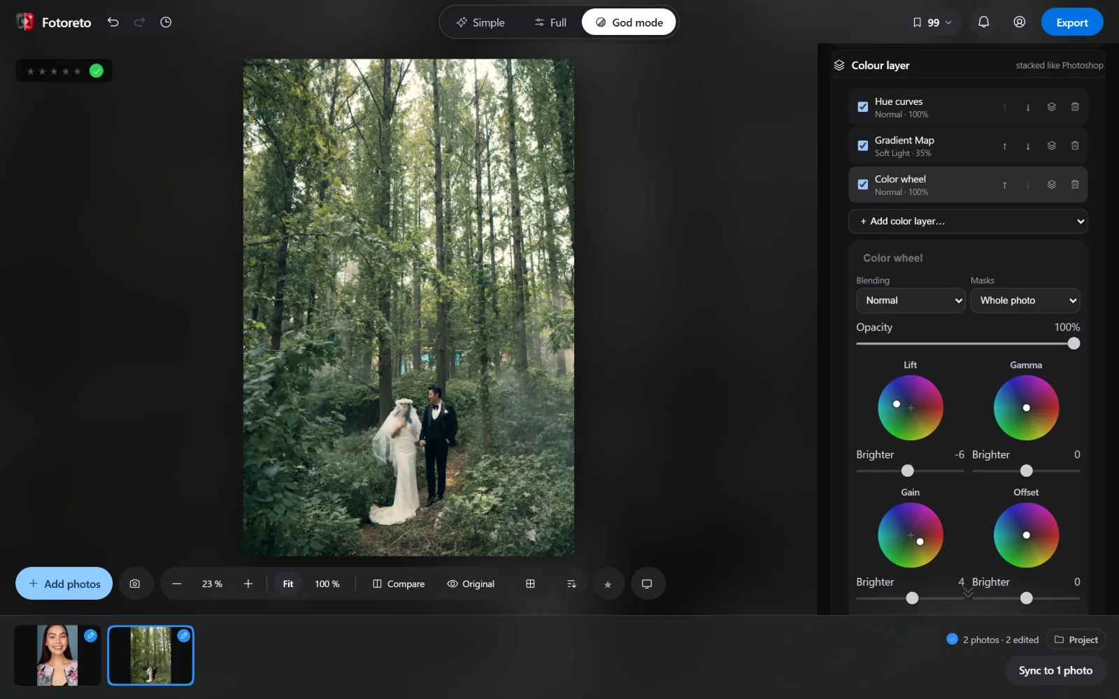 The Colour layer box in the right column: three layers (hue curves, Gradient Map, color wheels); the color wheel layer selected with Blending, Masks, Opacity and the Lift, Gamma, Gain, Offset wheels