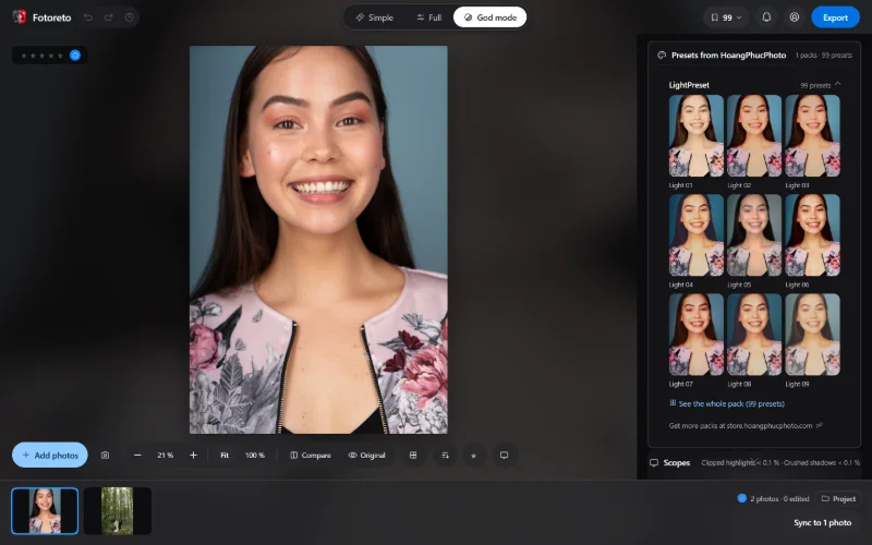 Fotoreto in God mode: a portrait in the middle, the right column shows Presets from HoangPhucPhoto with a preview of each preset and the scopes