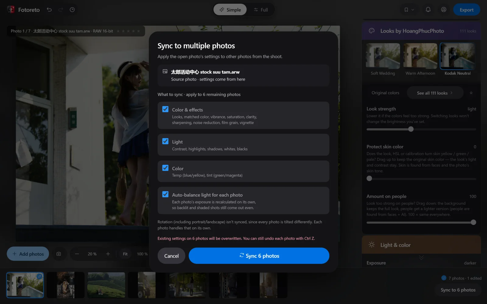 The Sync to multiple photos dialog in Fotoreto with four options: Color & effects, Light, Color, Auto-balance light for each photo