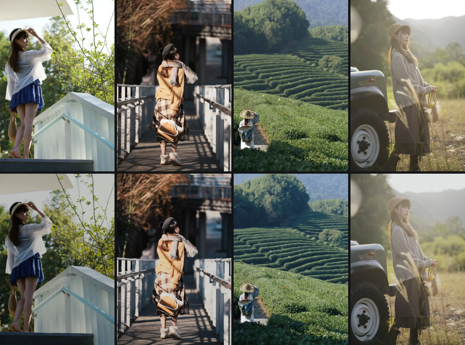 Bốn tấm ảnh ngoại cảnh: hàng trên ảnh gốc, hàng dưới sau khi đồng bộ bộ màu Kodak trung tính