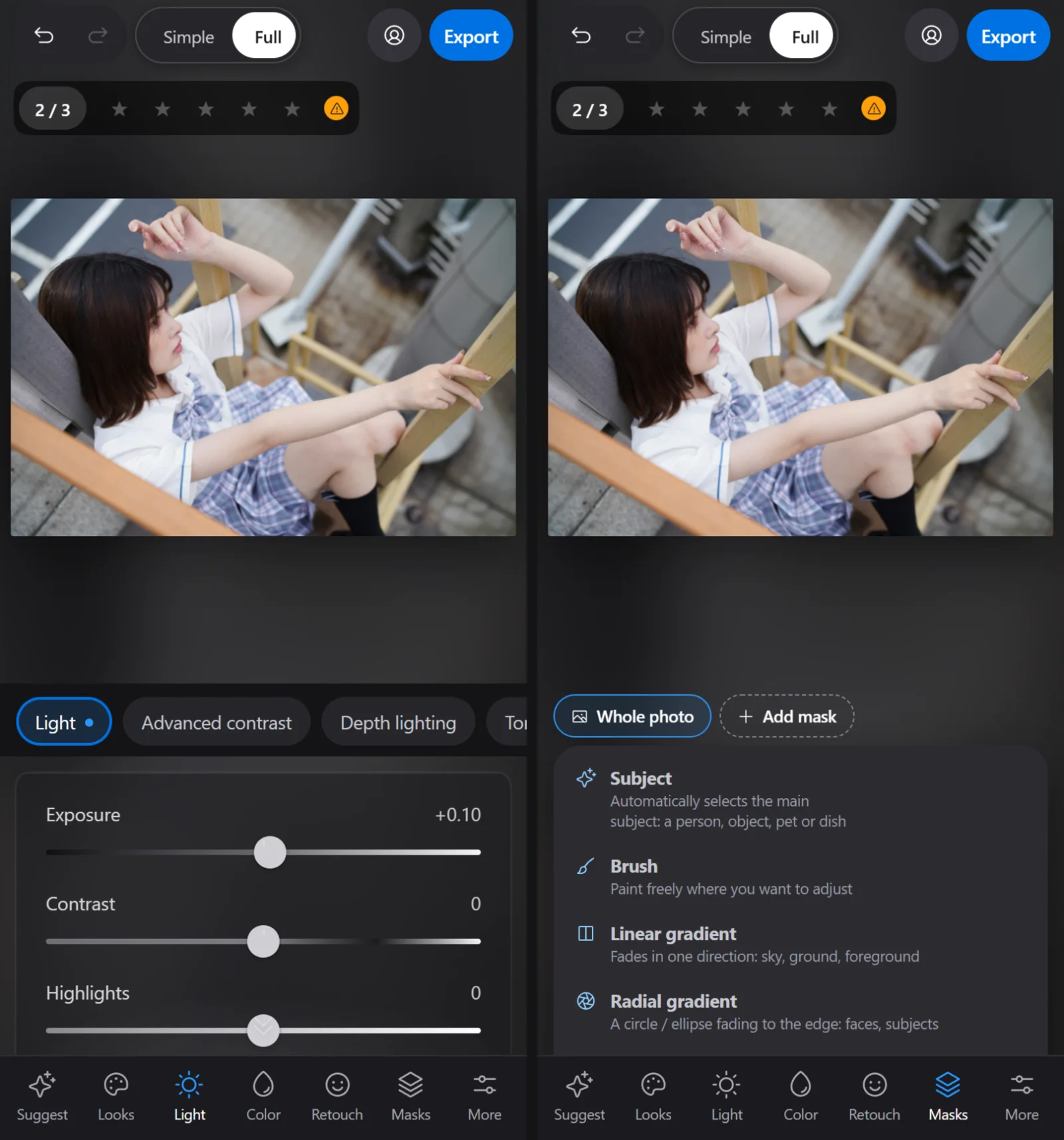 Fotoreto on a phone: on the left the Light tab with the Light and Advanced contrast chips; on the right the Masks tab with the mask type menu open