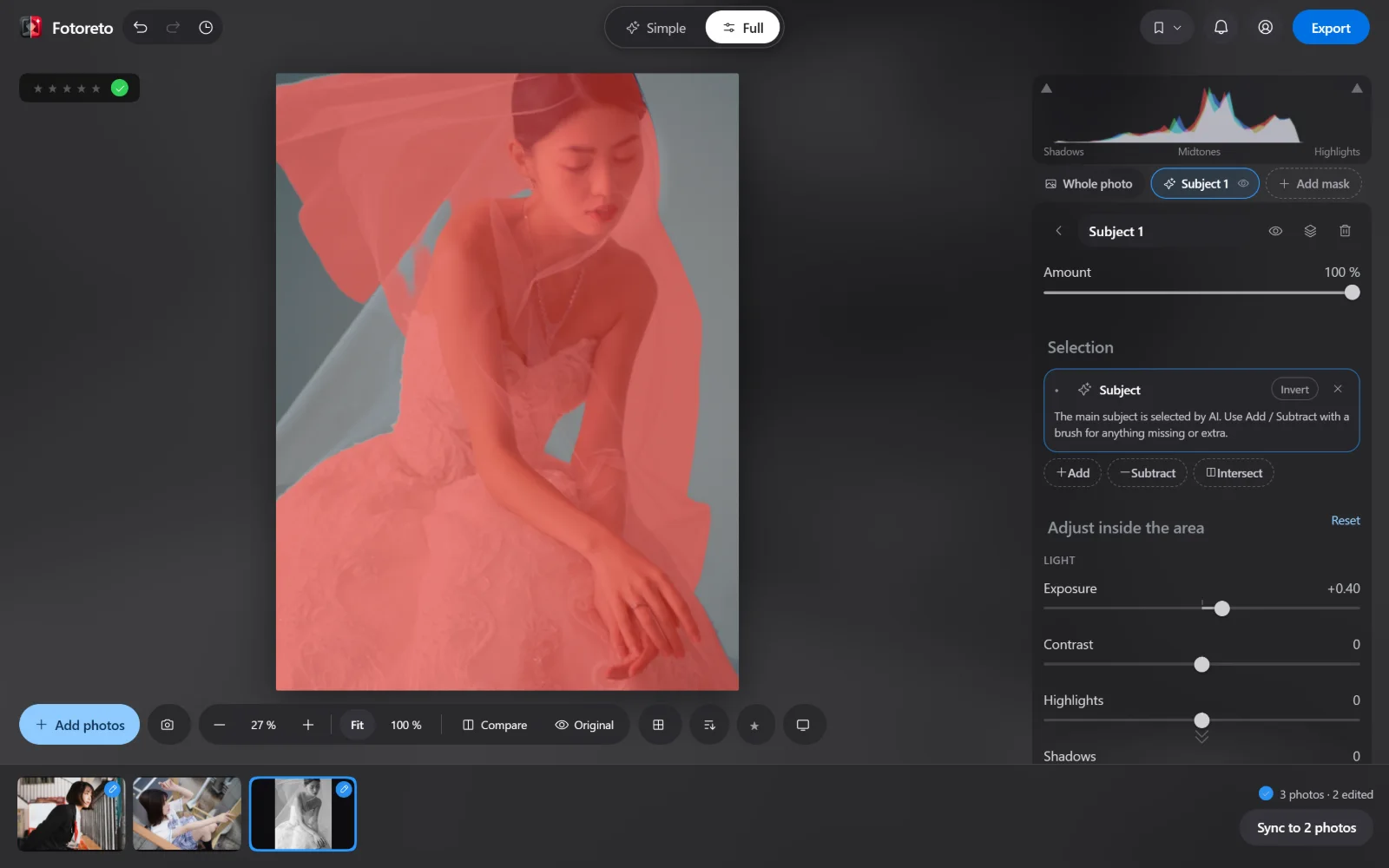 The Subject mask in Fotoreto: the woman in a tulle dress is selected by the app and shown in red, with the in-mask sliders on the right