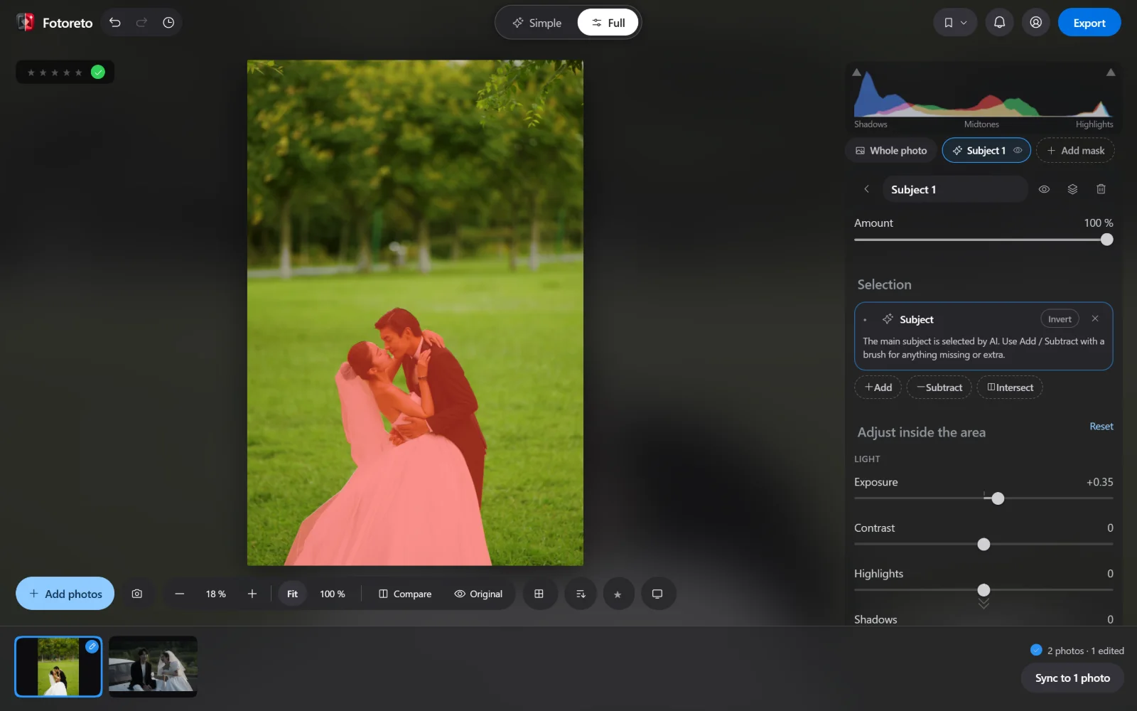 The Subject mask in Fotoreto: a woman on a lawn selected by AI and shown in red, with an exposure slider for the area