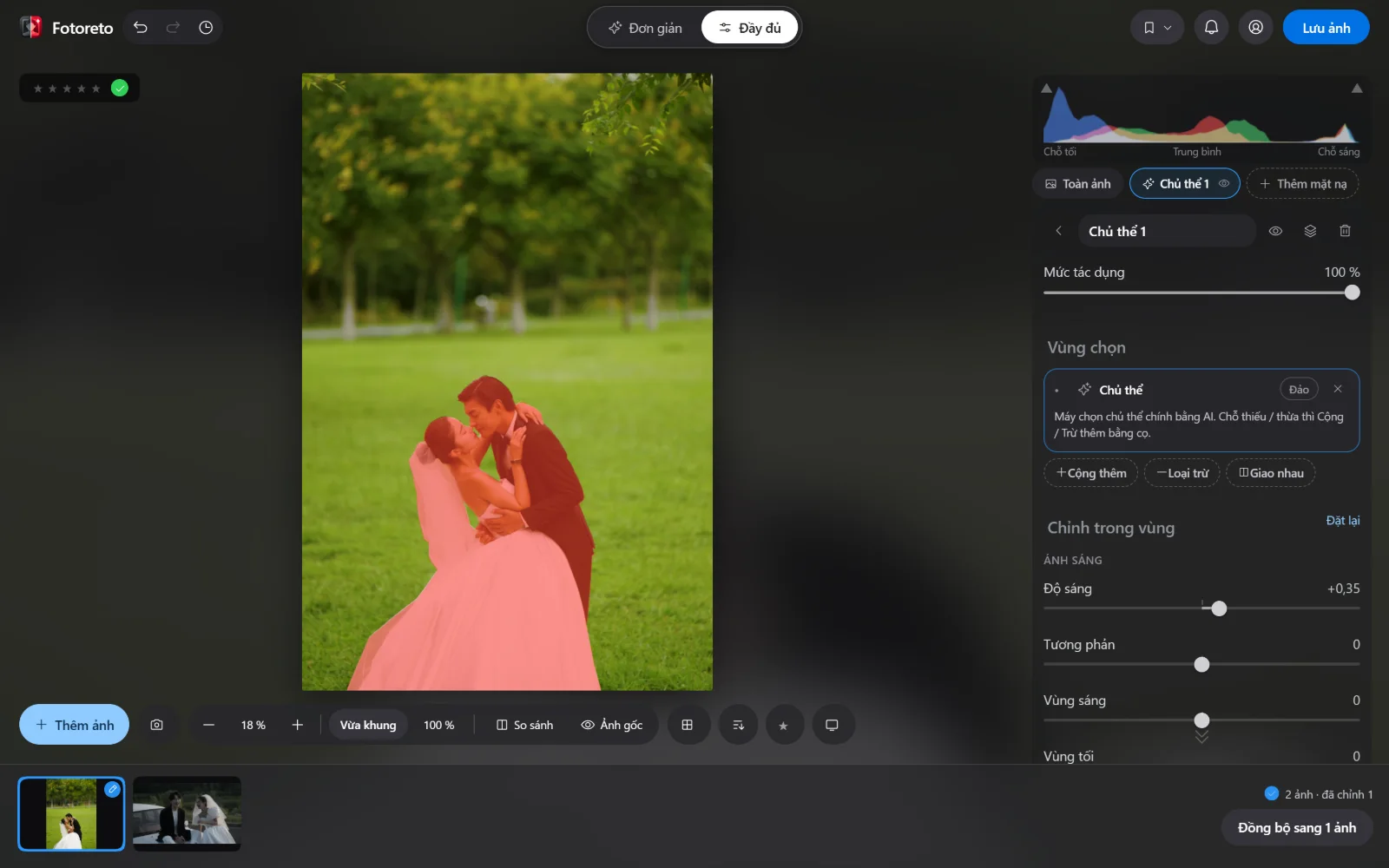 Mặt nạ Chủ thể trong Fotoreto: cô gái trên bãi cỏ được máy chọn bằng AI, tô đỏ, kèm thanh chỉnh độ sáng trong vùng