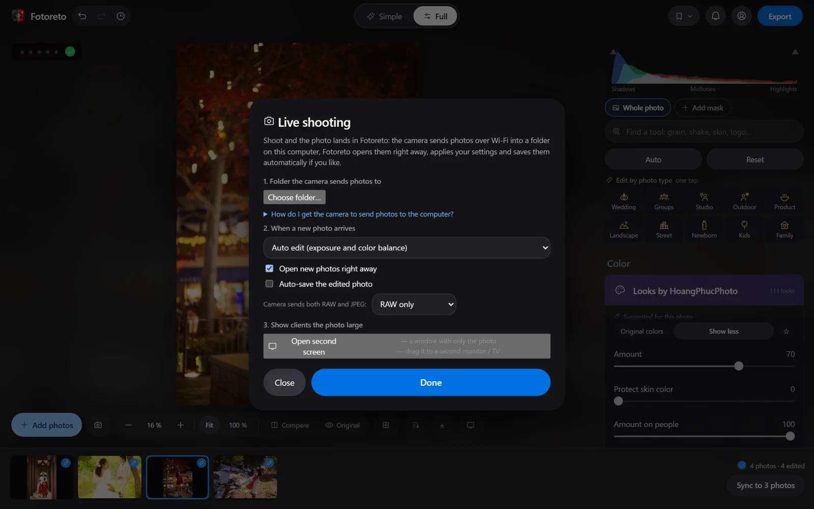 Fotoreto's Live shooting dialog: choose the folder that receives photos, how new photos are edited and saved, with instructions for each camera brand