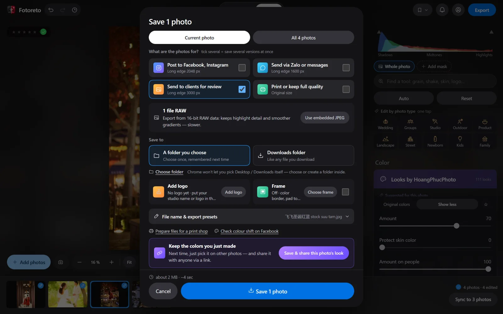 Fotoreto's export dialog with Send to clients for review selected, the save location and the logo option