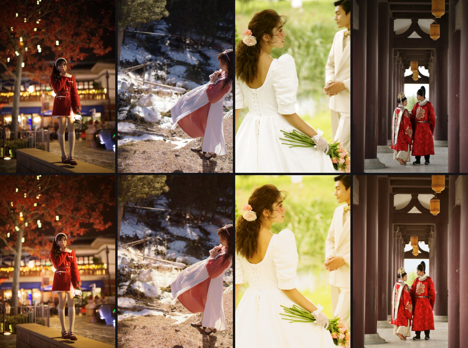 Four portraits from one shoot: the top row is the original RAW files, the bottom row after editing them to one color style in Fotoreto