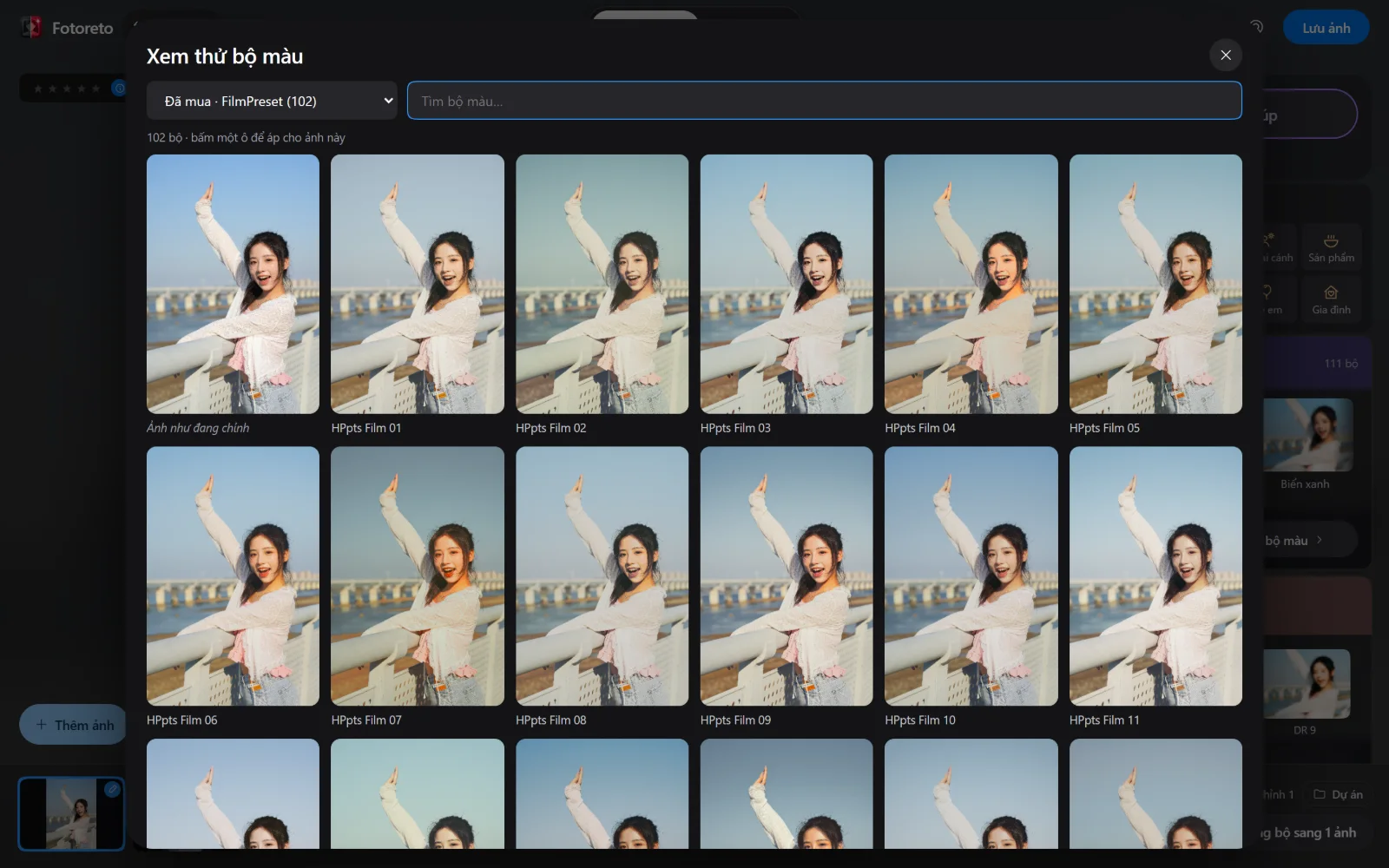 Lưới xem thử của Fotoreto: một ảnh chân dung ngoài trời hiện với từng preset của nhóm FilmPreset, mỗi ô một preset