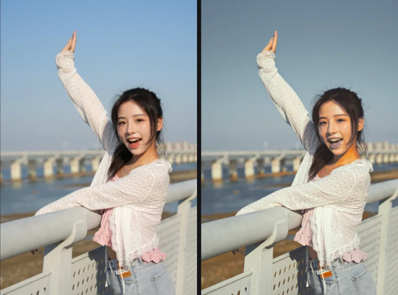 An outdoor portrait before and after applying a HoangPhucPhoto FilmPreset look in Fotoreto