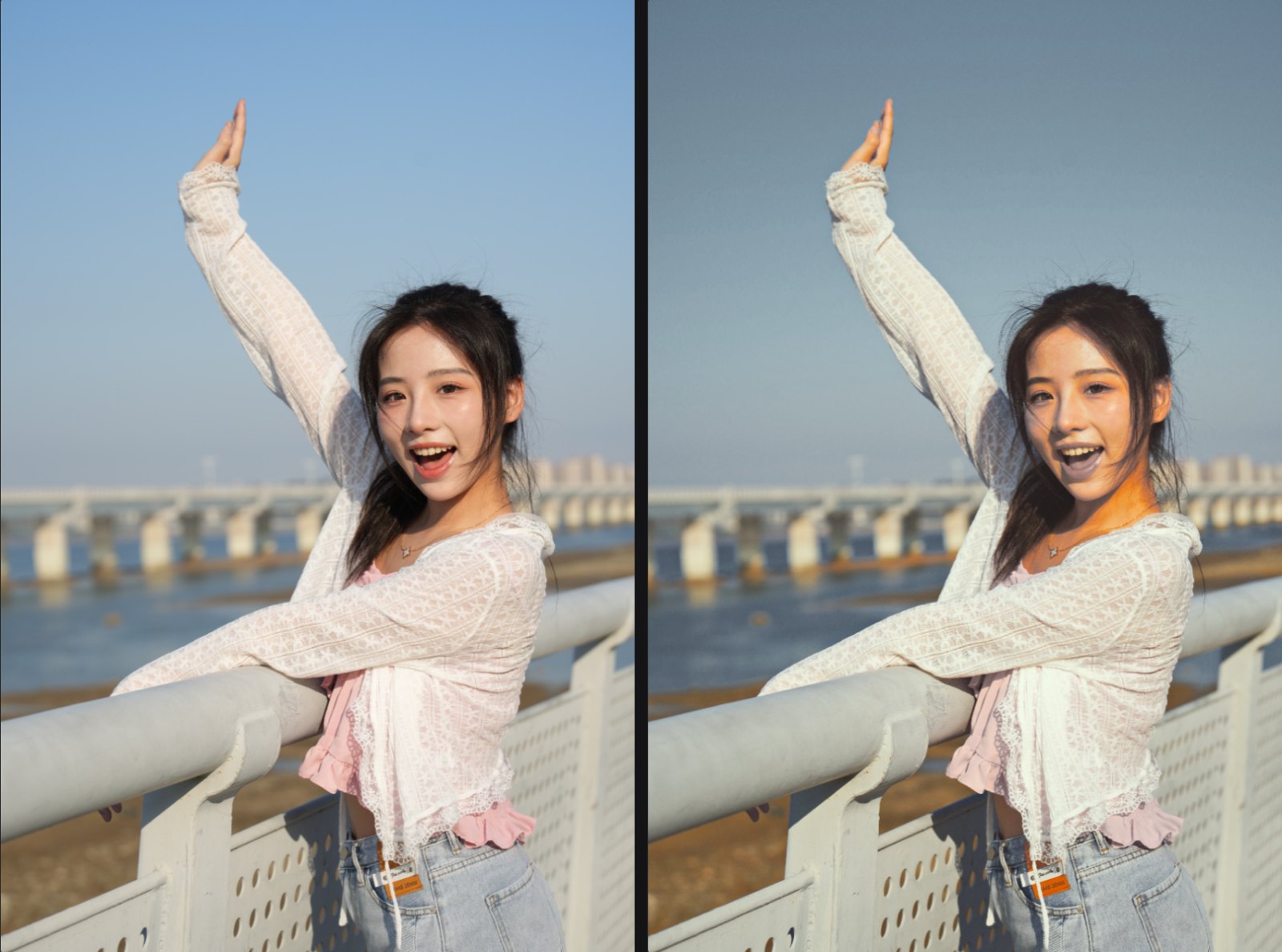 Một ảnh chân dung ngoài trời trước và sau khi áp một preset FilmPreset của HoangPhucPhoto trong Fotoreto