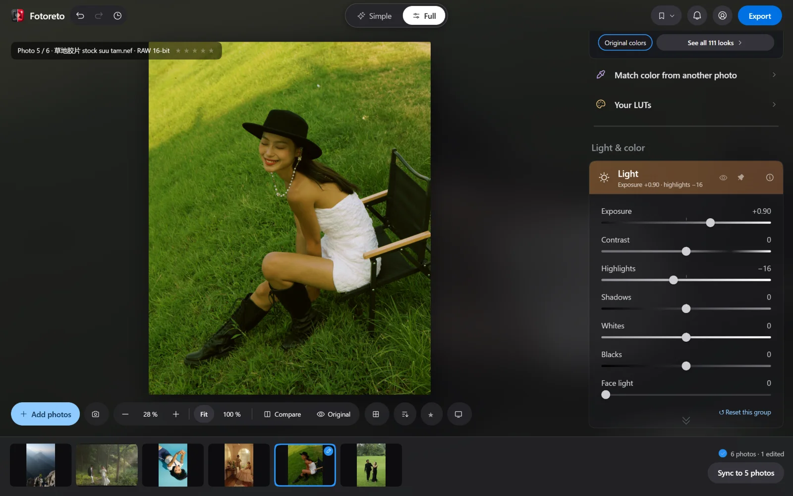 Fotoreto in Full mode with six RAW files from Nikon, Fujifilm, Canon, Sony and DNG in the filmstrip; a NEF file is open with the Light group expanded on the right