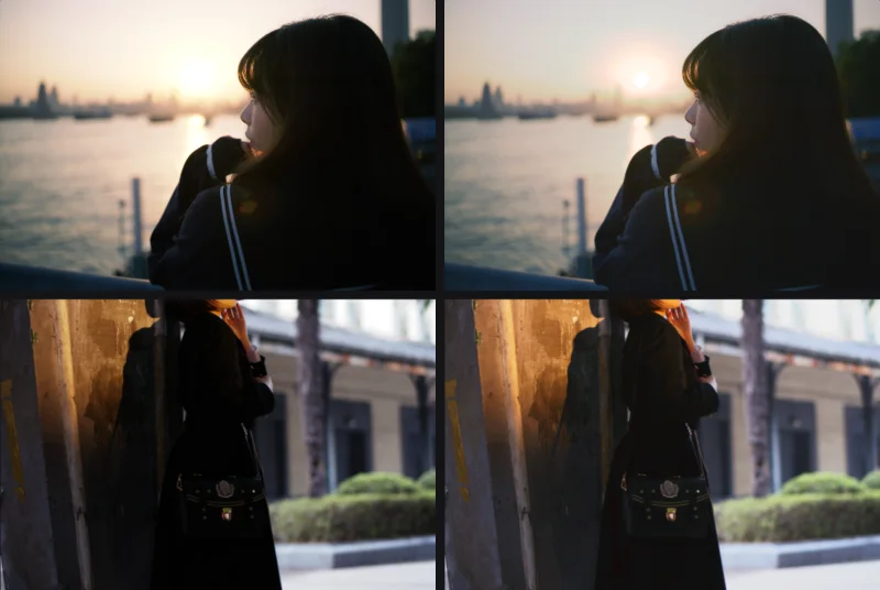 Two RAW photos shot at sunset and in the shade: dark originals on the left, edited on the right with shadows lifted and the sun not blown out