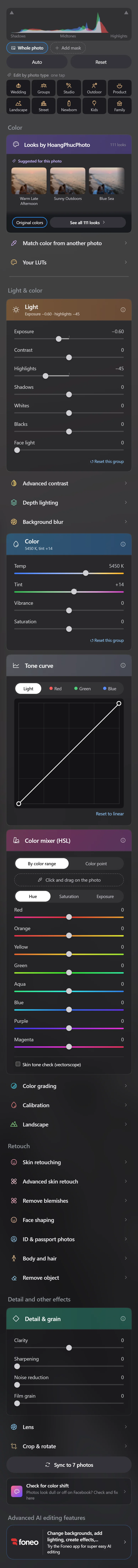 Light, Color, Tone curve, HSL and Detail sliders in the tool column