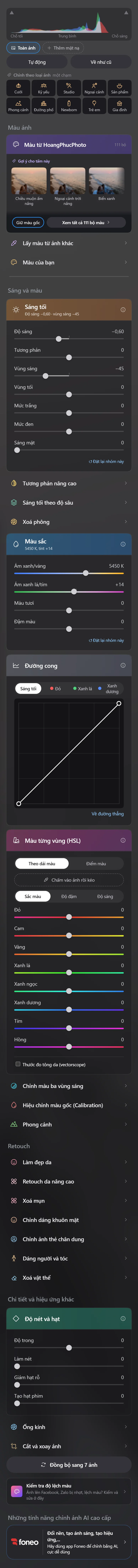 Các thanh trượt Sáng tối, Màu sắc, Đường cong, HSL và Chi tiết trong cột công cụ