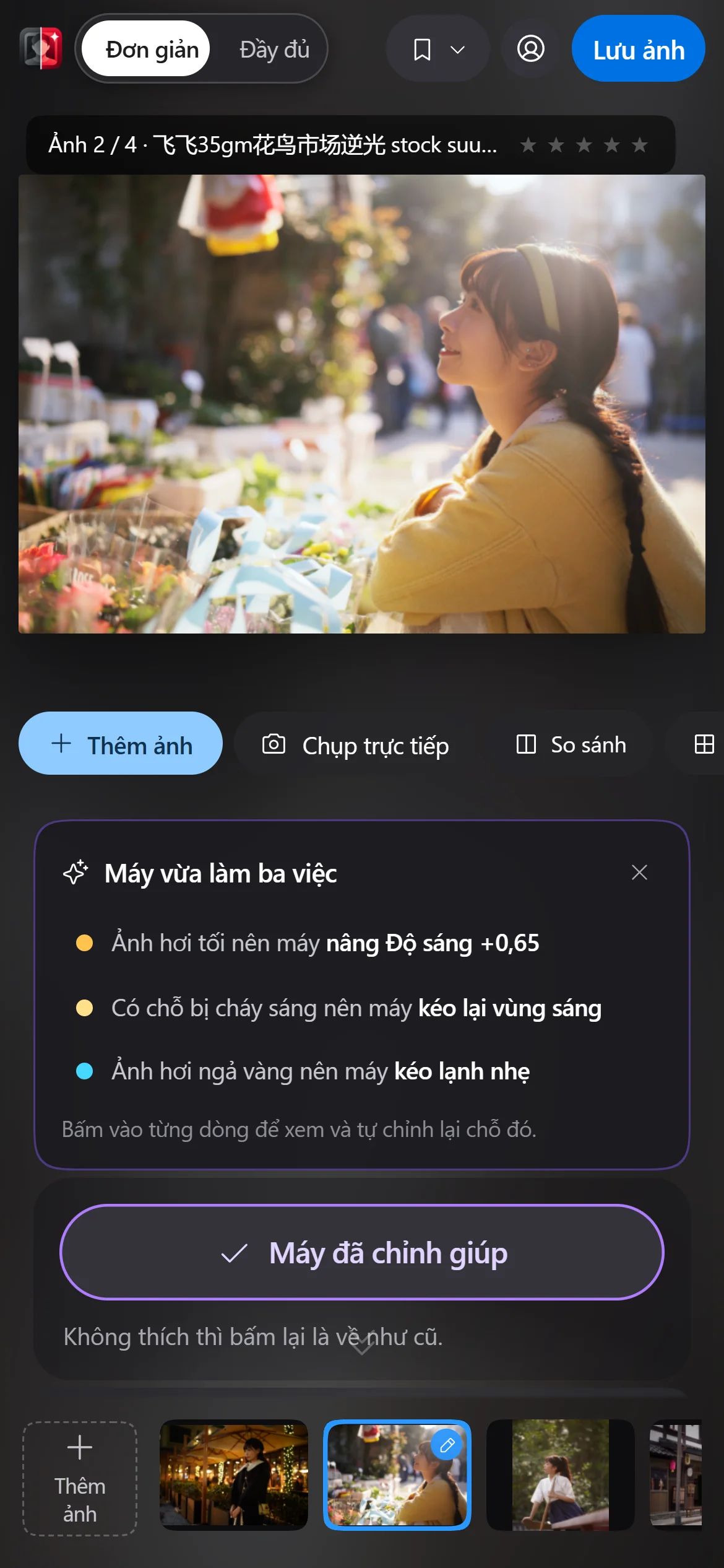 Fotoreto trên điện thoại: ảnh vừa bấm Chỉnh giúp tôi, cột công cụ bên dưới