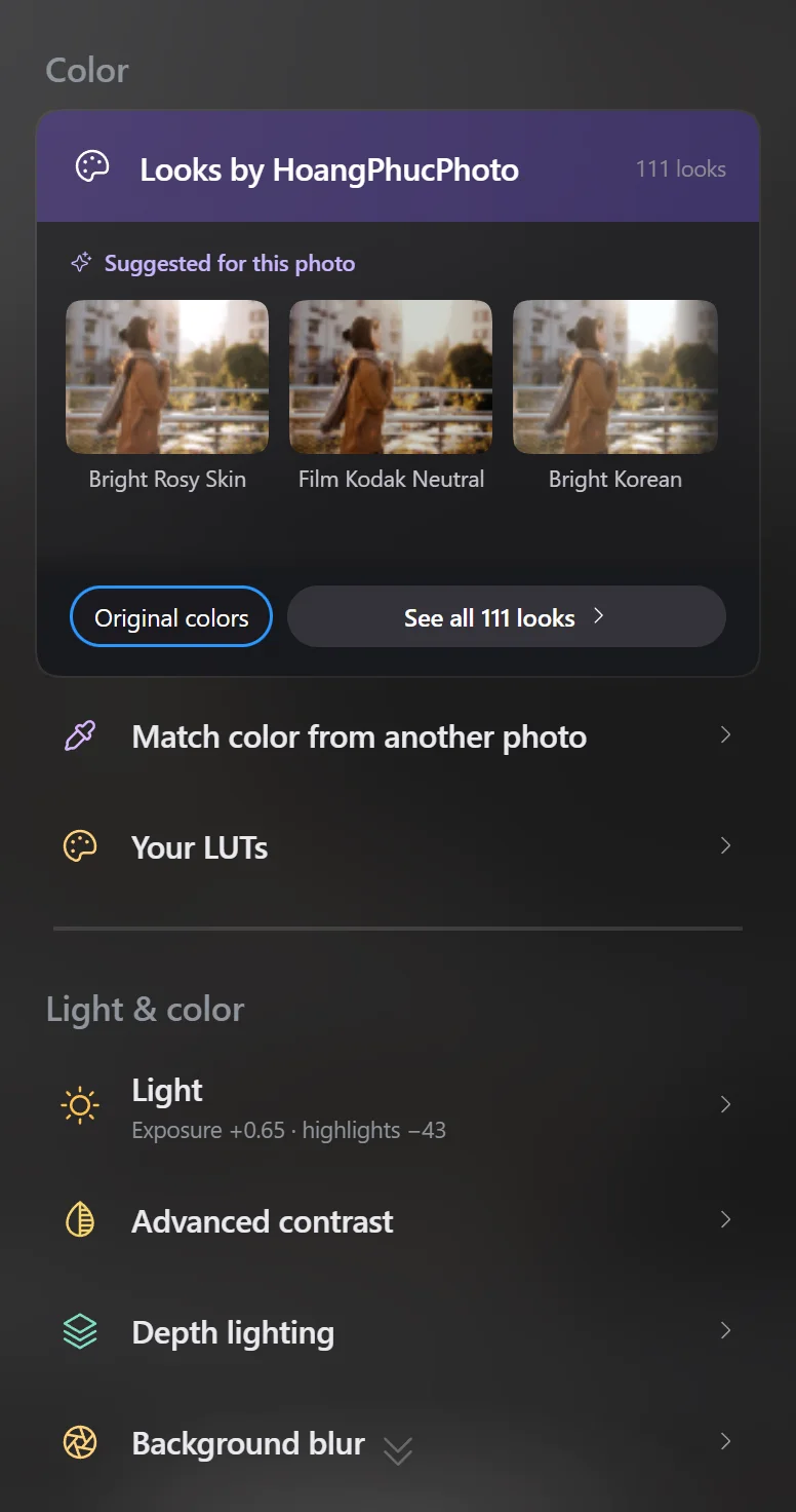 The color column in Full mode, showing Suggested for this photo