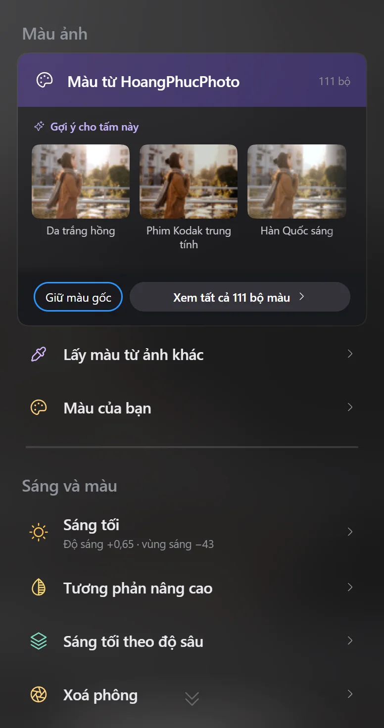Cột bộ màu ở chế độ Đầy đủ, mục Gợi ý cho tấm này