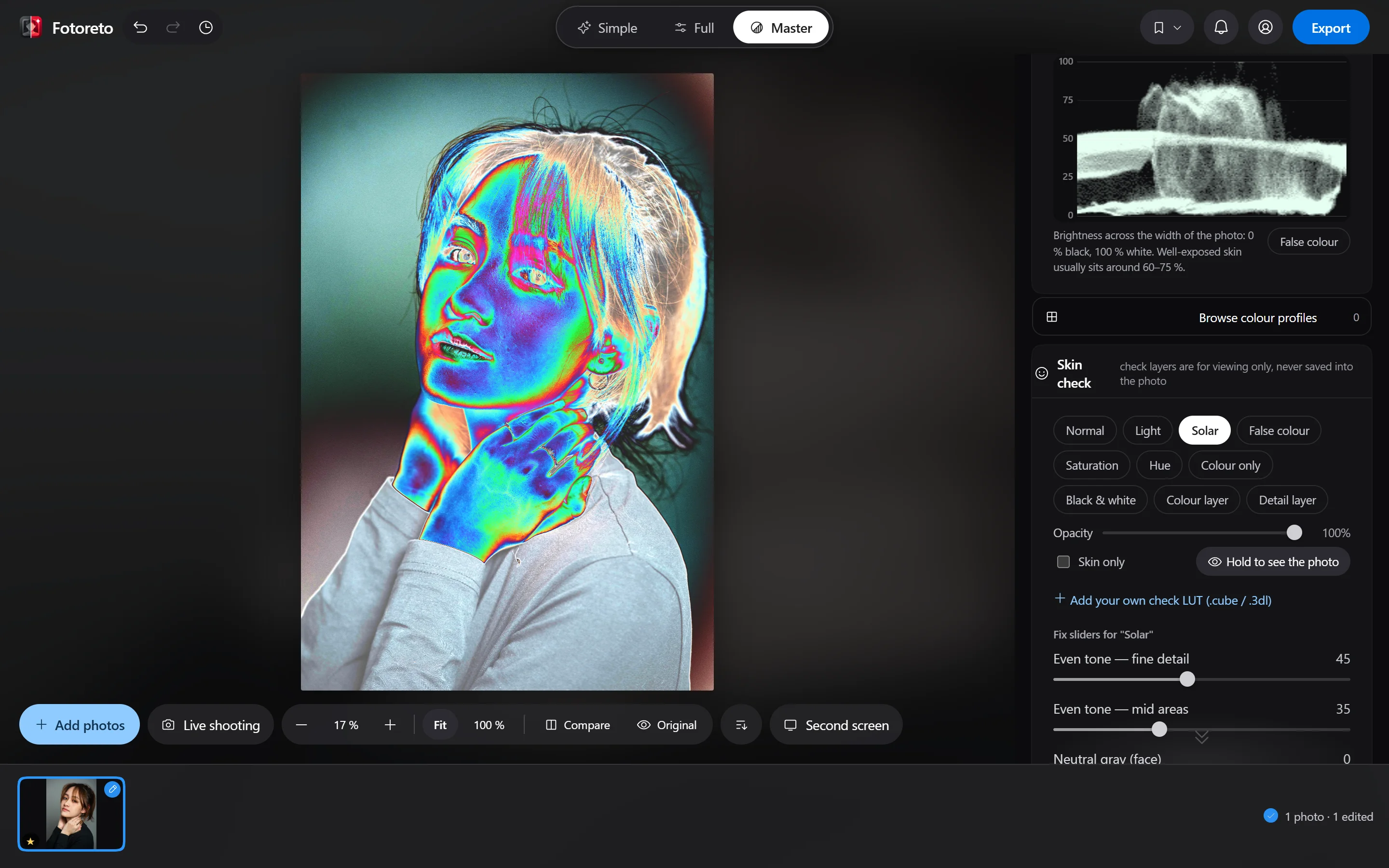 Fotoreto in God mode: the Solar check layer on a portrait, a Waveform scope in the right column