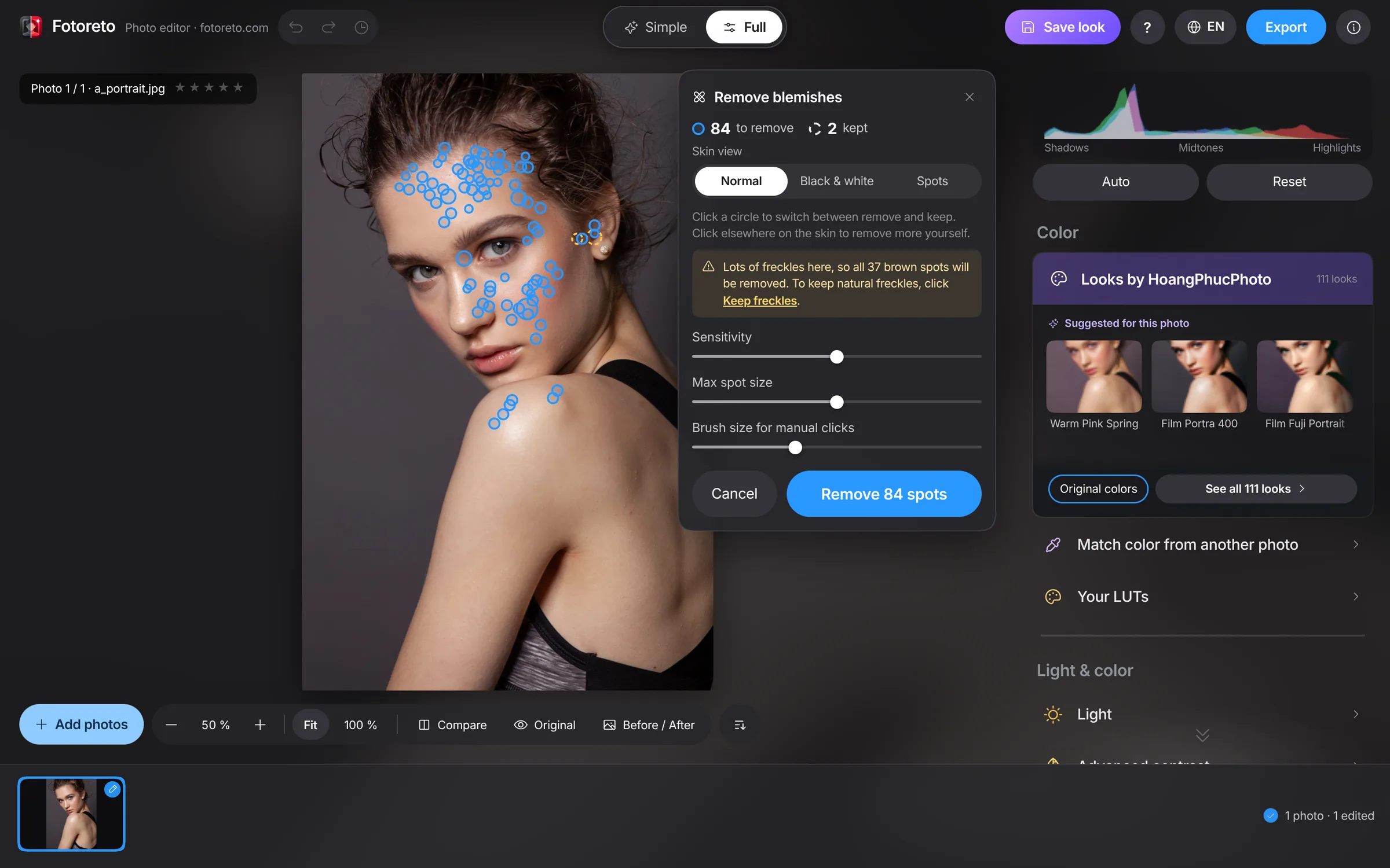 Blemish removal: circles mark every spot the app found